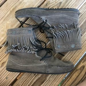 Gray Minnetonka lace up booties